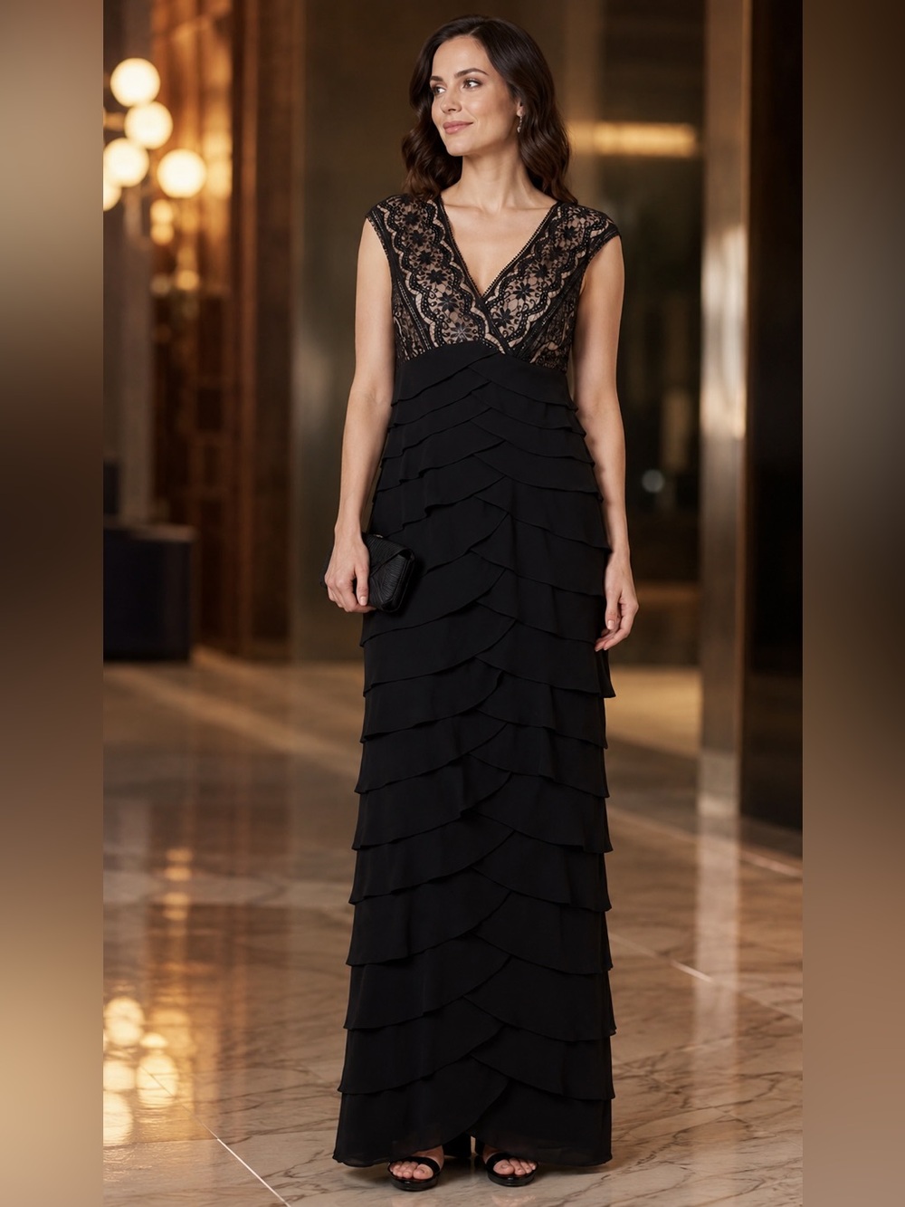 Adrianna Papell Boutique Black Lace Shutter Pleat Maxi Dress - Picture 1 of 9